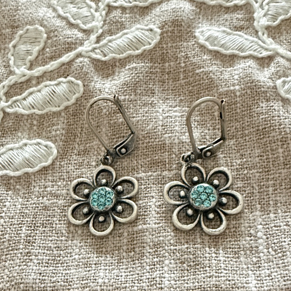 Touchstone Crystal Silver-Tone Flower Earrings with Aqua Crystals